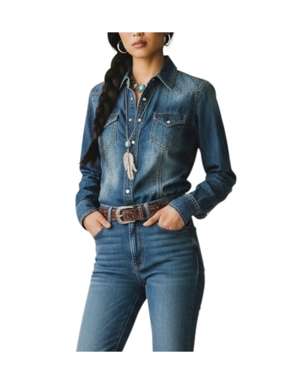 Ryan Michael Denim Western Shirt Silk Blend Snap Button Cowboy Core M